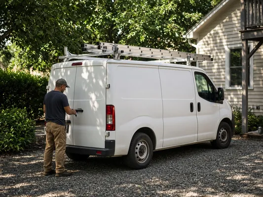 White work van with a ladder on its roof rack, parked in dappled shade